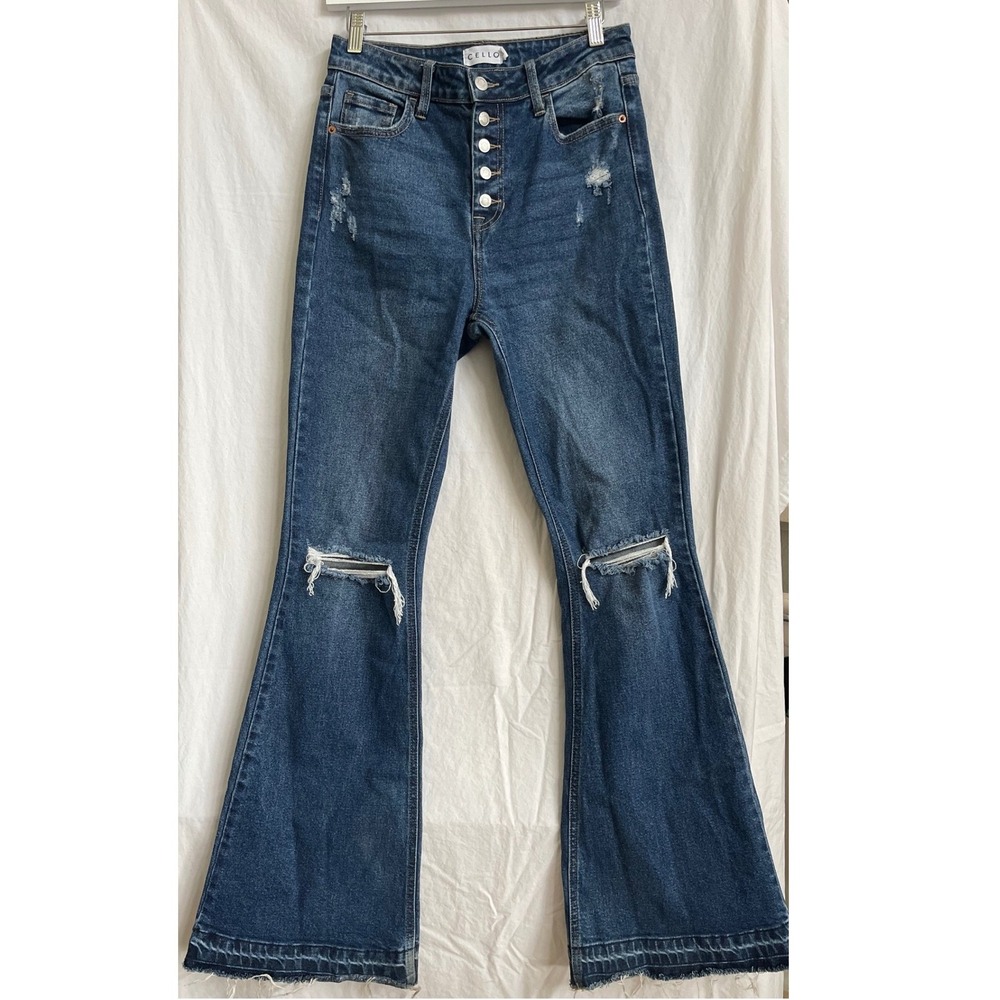 Cello Flare Jeans Size 5 Distressed‎ Knee High Rise Button Fly Y2K Western Style - Picture 13 of 13
